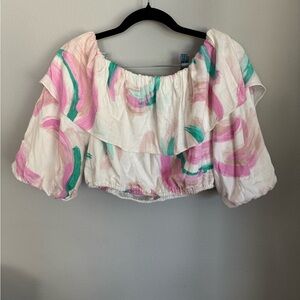 Women's Off-Shoulder Ruffle Top - Pink and Green
